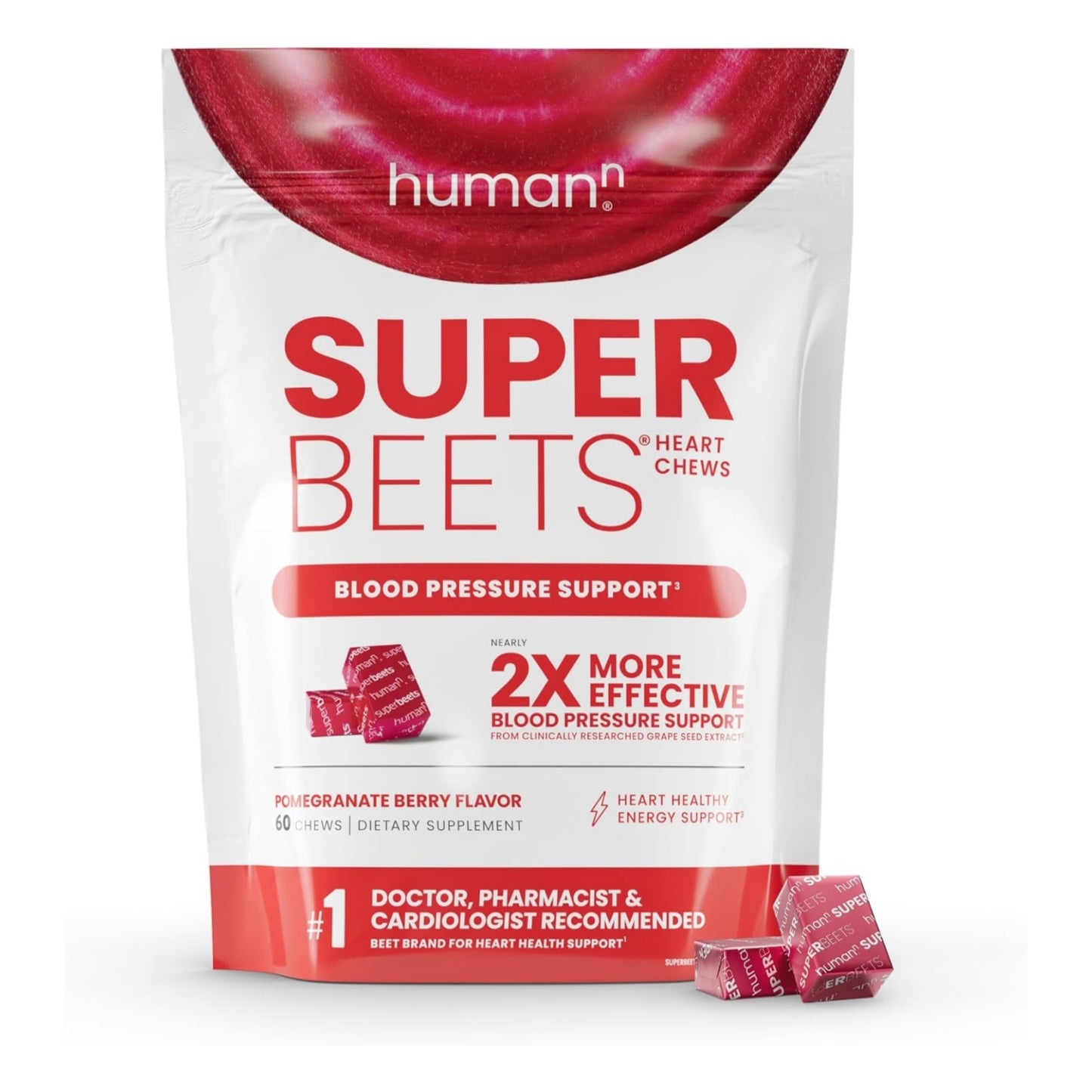 Humann SuperBeets Heart Chews, Beet Root Powder Support Energy Supplement, Nitric Oxide and Blood Pressure Support, Grape Seed Extract & Non-GMO, Heart Health, Pomegranate Berry Flavor, 60 Count