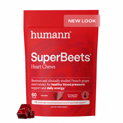 Humann SuperBeets Heart Chews, Beet Root Powder Support Energy Supplement, Nitric Oxide and Blood Pressure Support, Grape Seed Extract & Non-GMO, Heart Health, Pomegranate Berry Flavor, 60 Count