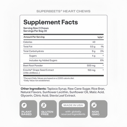 Humann SuperBeets Heart Chews, Beet Root Powder Support Energy Supplement, Nitric Oxide and Blood Pressure Support, Grape Seed Extract & Non-GMO, Heart Health, Pomegranate Berry Flavor, 60 Count