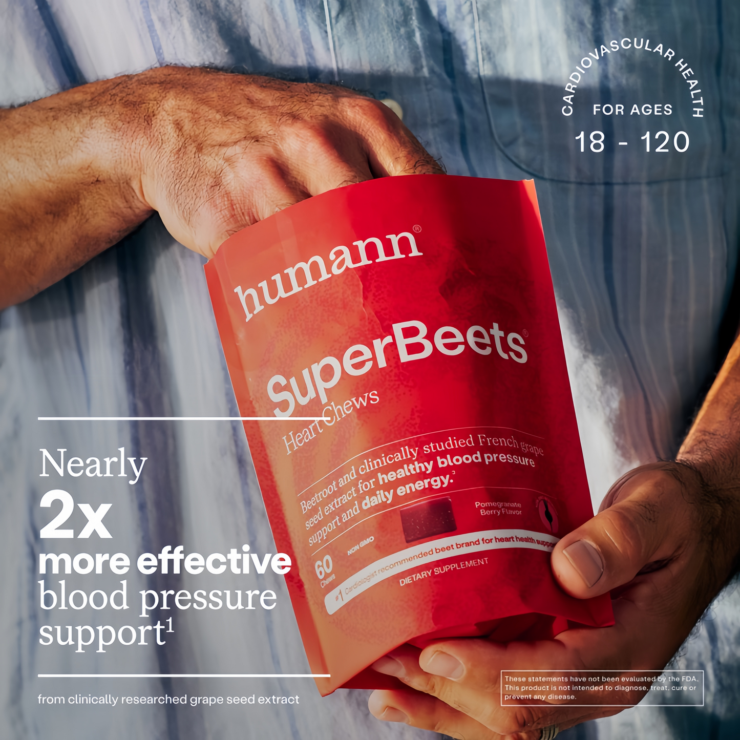 Humann SuperBeets Heart Chews, Beet Root Powder Support Energy Supplement, Nitric Oxide and Blood Pressure Support, Grape Seed Extract & Non-GMO, Heart Health, Pomegranate Berry Flavor, 60 Count